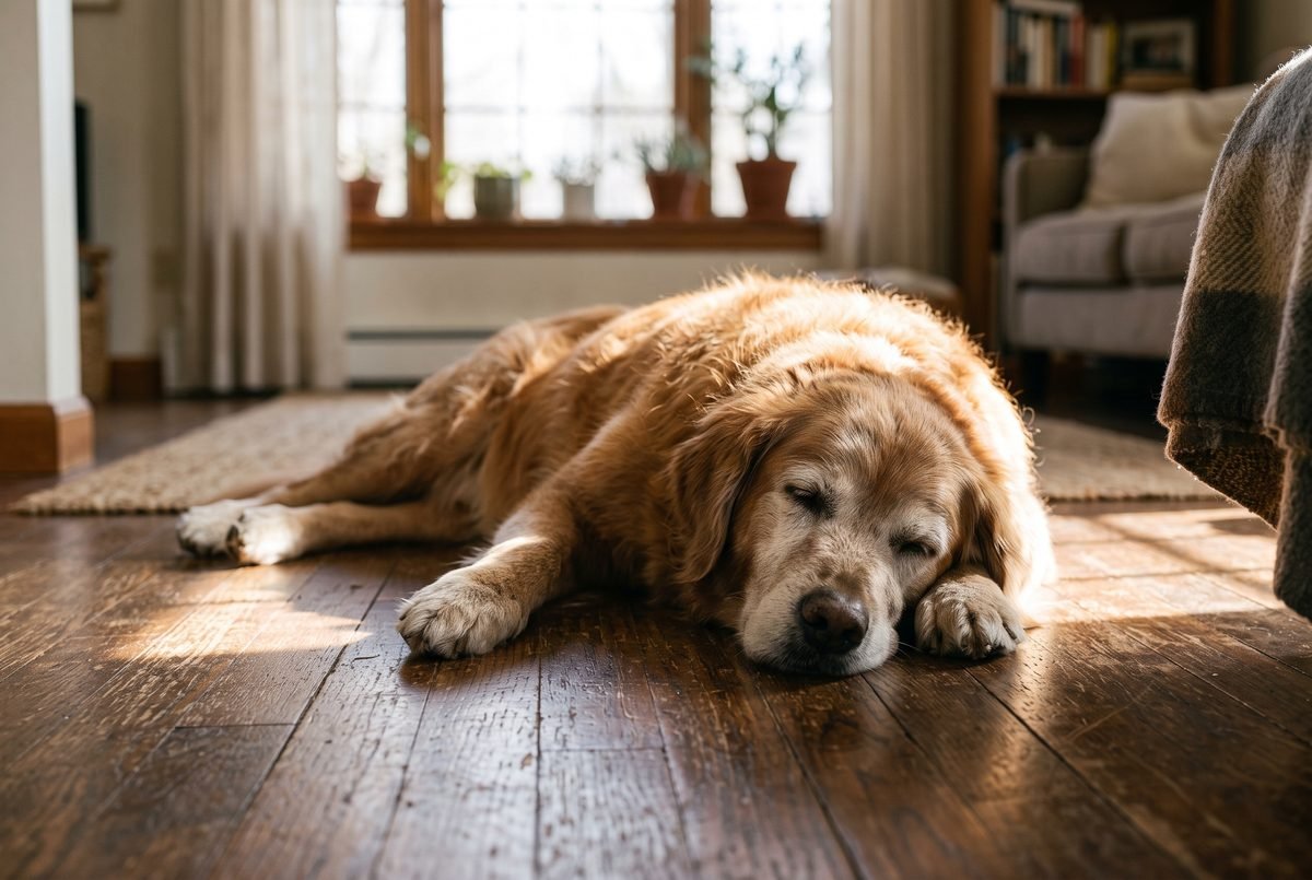 Cane anziano dal muso brizzolato che riposa in una macchia di sole sul pavimento