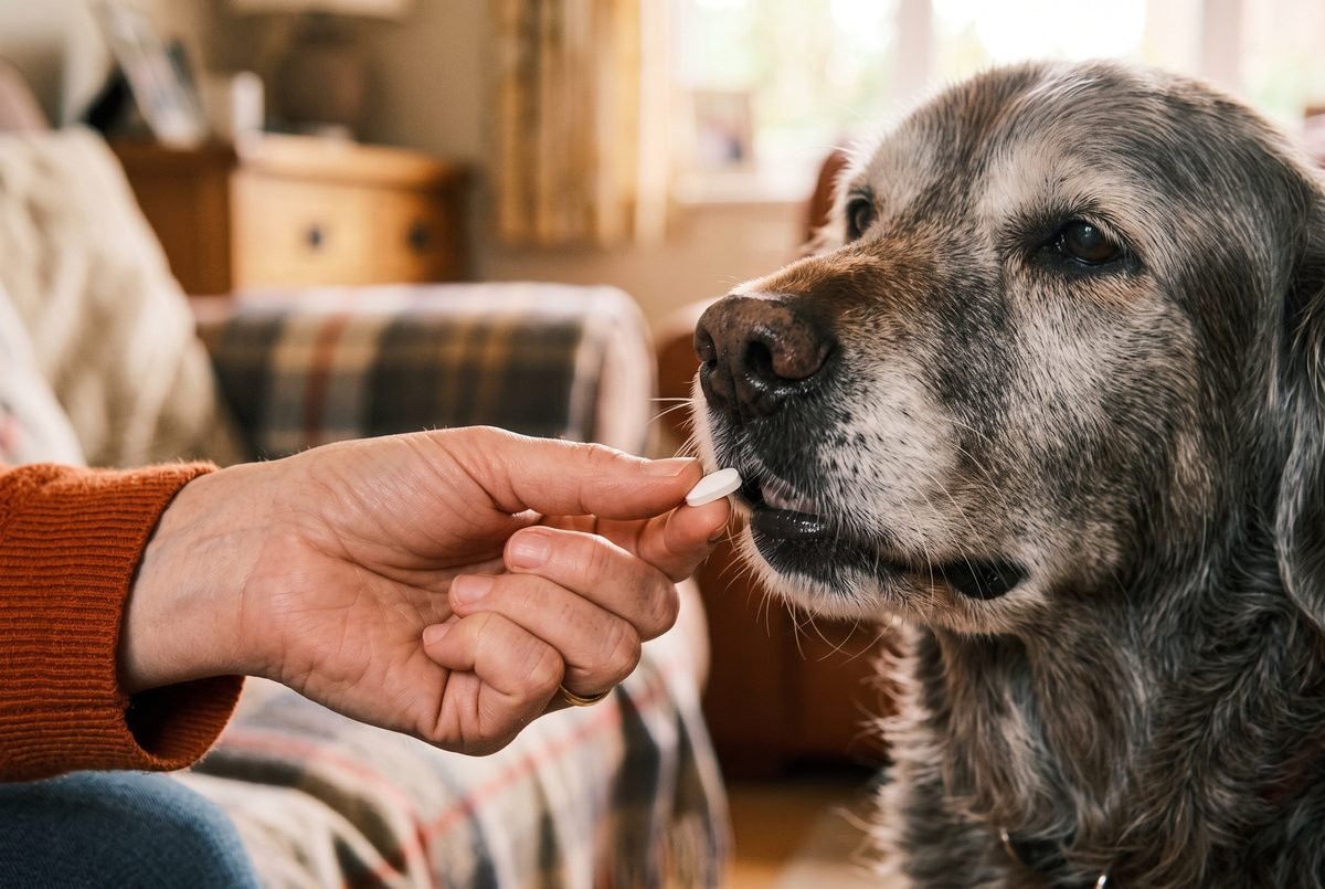 Mano che porge una compressa a un cane anziano dal muso brizzolato