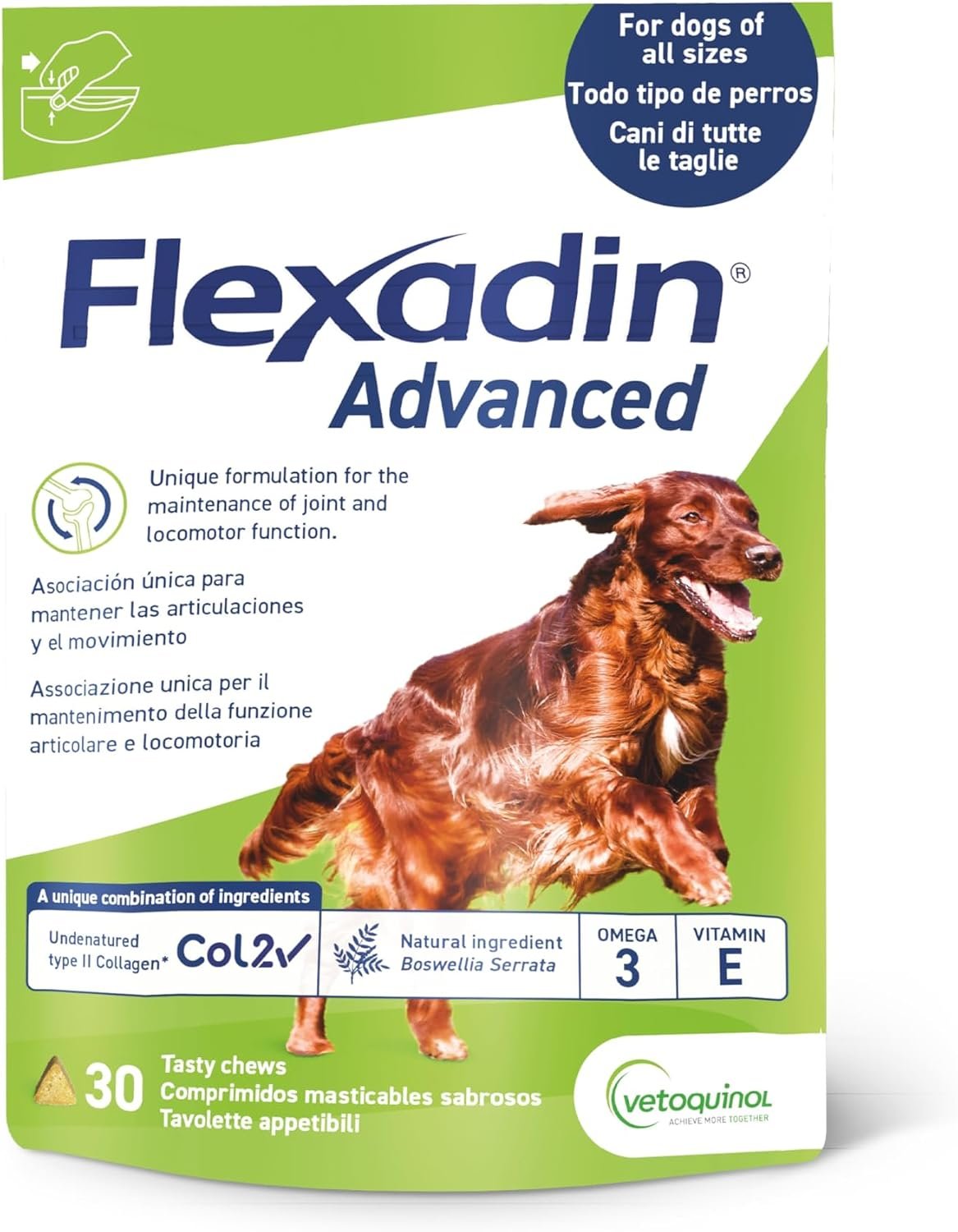 Confezione di Vetoquinol Flexadin Advanced da 30 bocconcini masticabili per cani