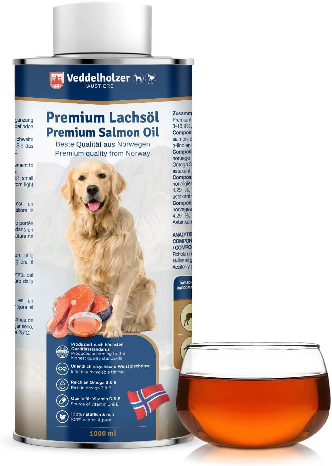 Latta da 1 litro di Veddelholzer Salmon Oil con dosatore per cani