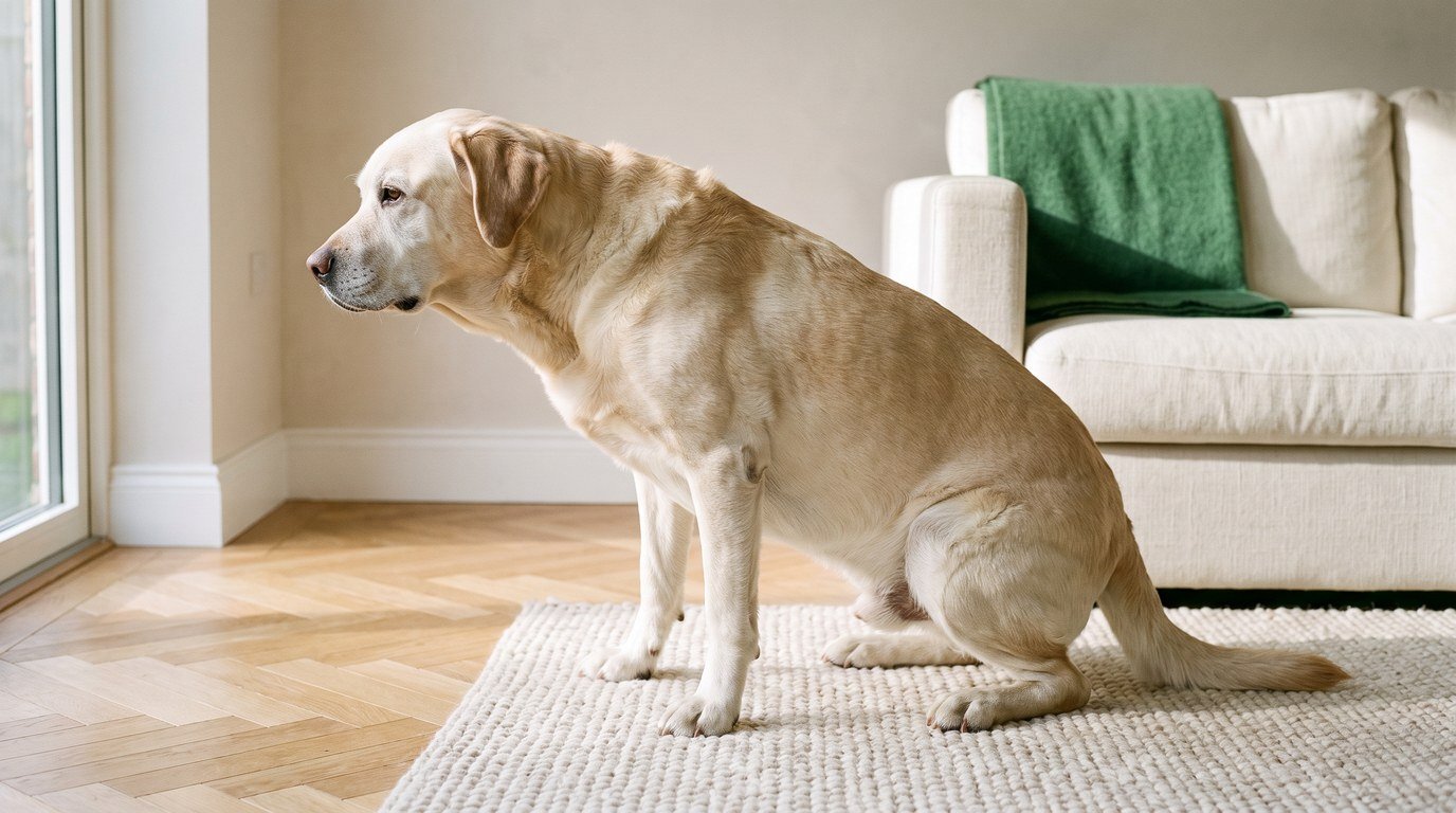 Artikrill o Condrostress: labrador anziano che si alza dal tappeto di casa