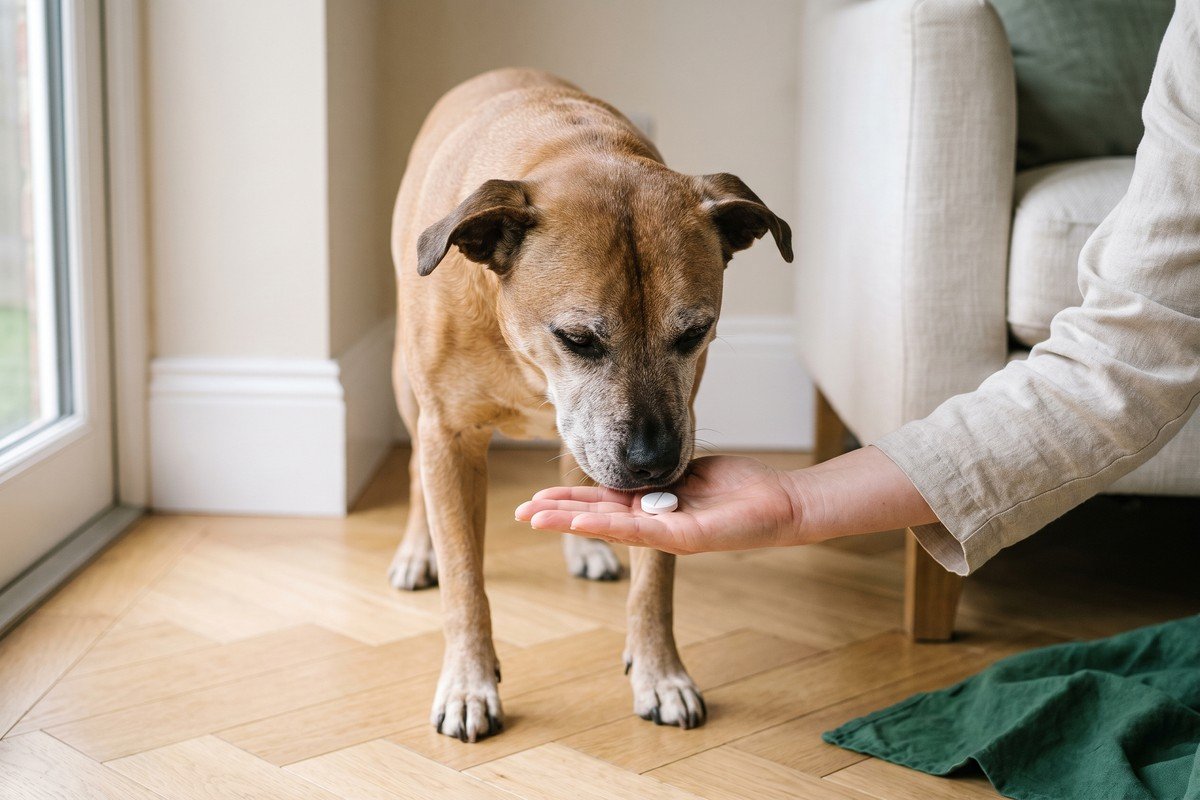 Mano che offre sul palmo aperto una compressa bianca a un cane anziano dal muso brizzolato, in salotto