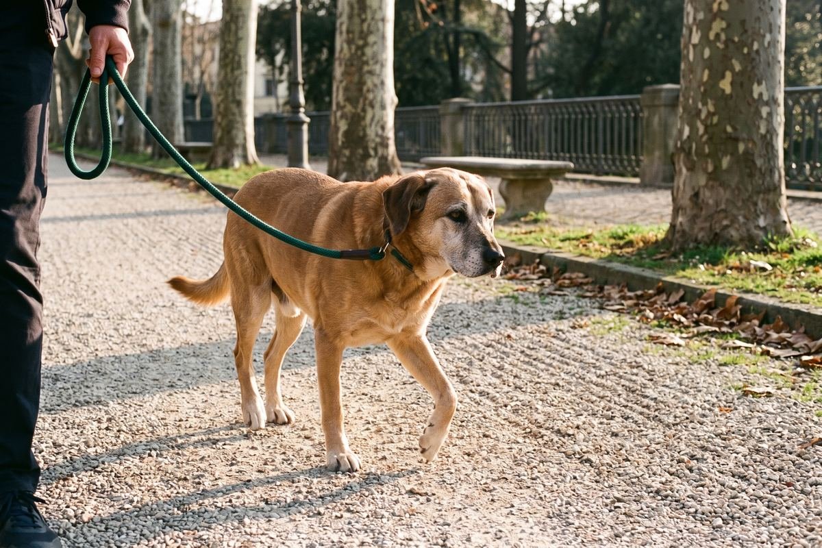 Cane anziano al guinzaglio cammina accanto al proprietario su un vialetto di ghiaia in un parco cittadino