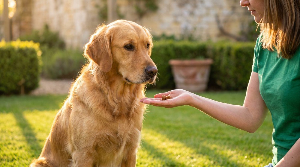Golden retriever che prende un bocconcino masticabile dalla mano della proprietaria in giardino