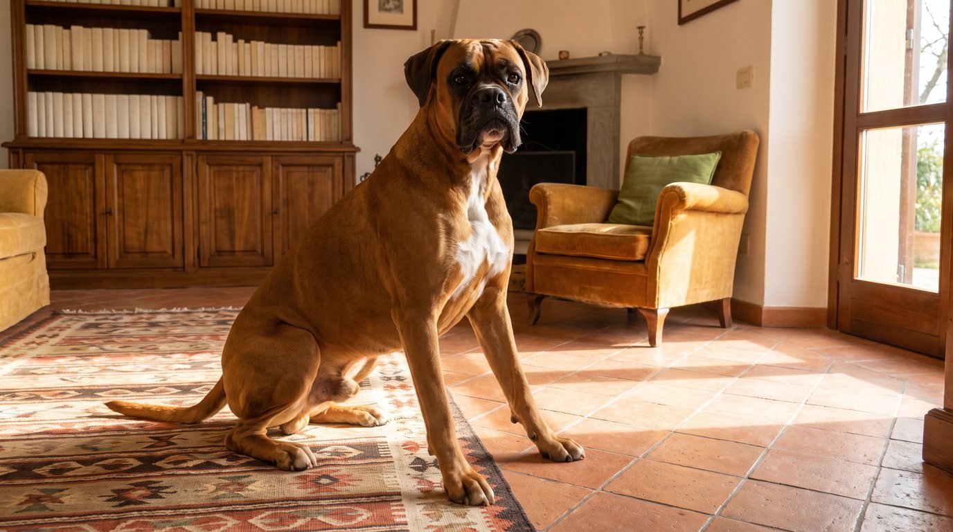 Labrador anziano che si alza a fatica dal tappeto del salotto, con le zampe posteriori rigide