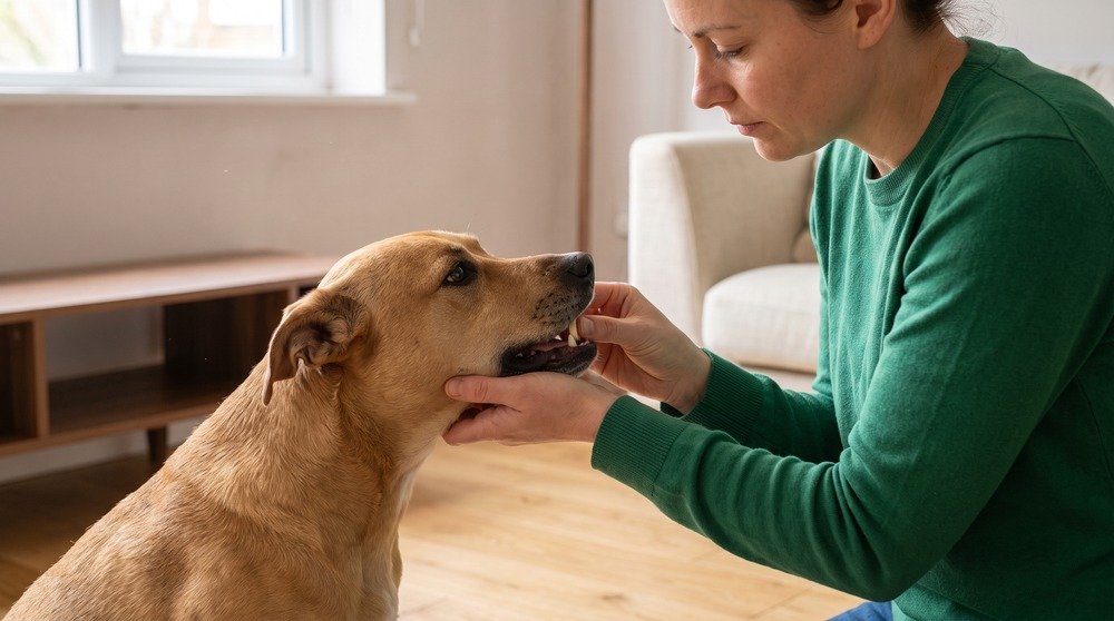 Pet parent che dà una compressa al proprio cane tenendogli il muso fra le mani