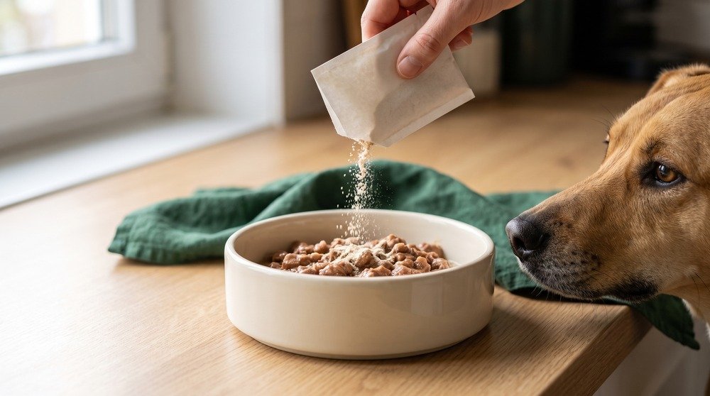 Bustina monodose di probiotico in polvere svuotata sopra il cibo umido nella ciotola di un cane