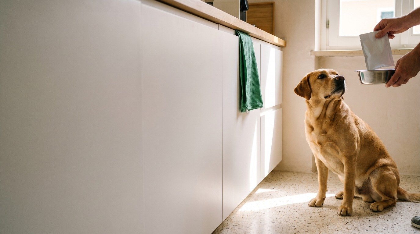 Labrador color miele che aspetta accanto alla ciotola in cucina mentre il proprietario apre una bustina di probiotico