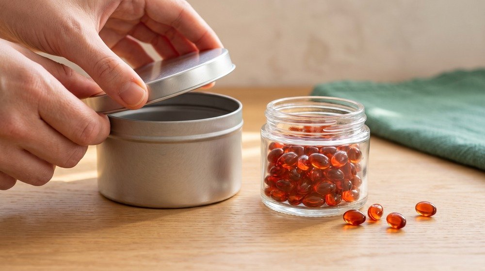Mano che apre una latta di olio di salmone per cani accanto a un barattolo di perle di krill