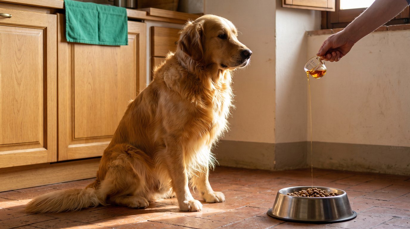 Golden retriever adulto dal pelo lucido accanto alla ciotola con l'olio di salmone dosato sul cibo