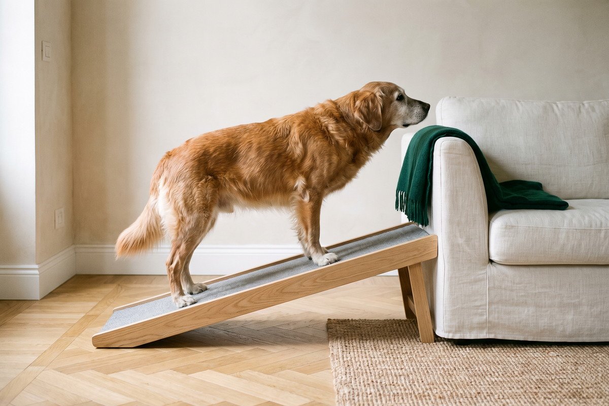 Cane anziano che sale una rampa verso il divano, casa italiana