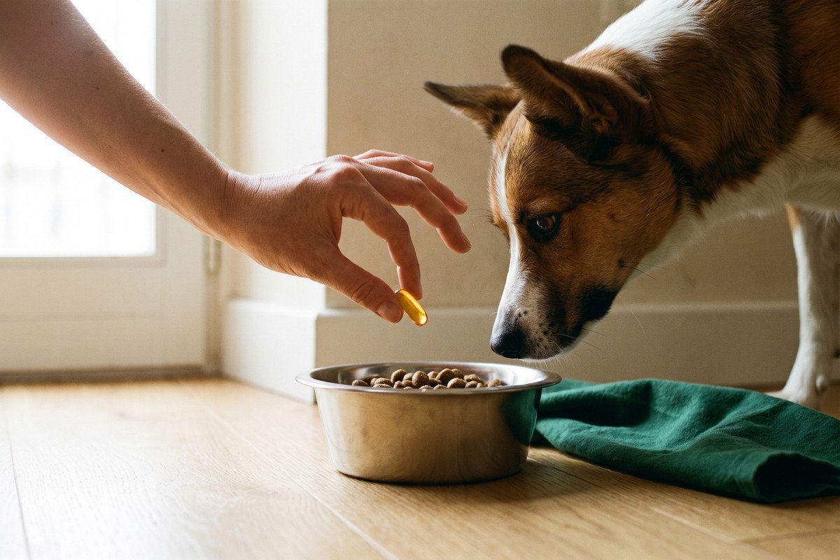 Mano che dà una perla di integratore al cane insieme al cibo