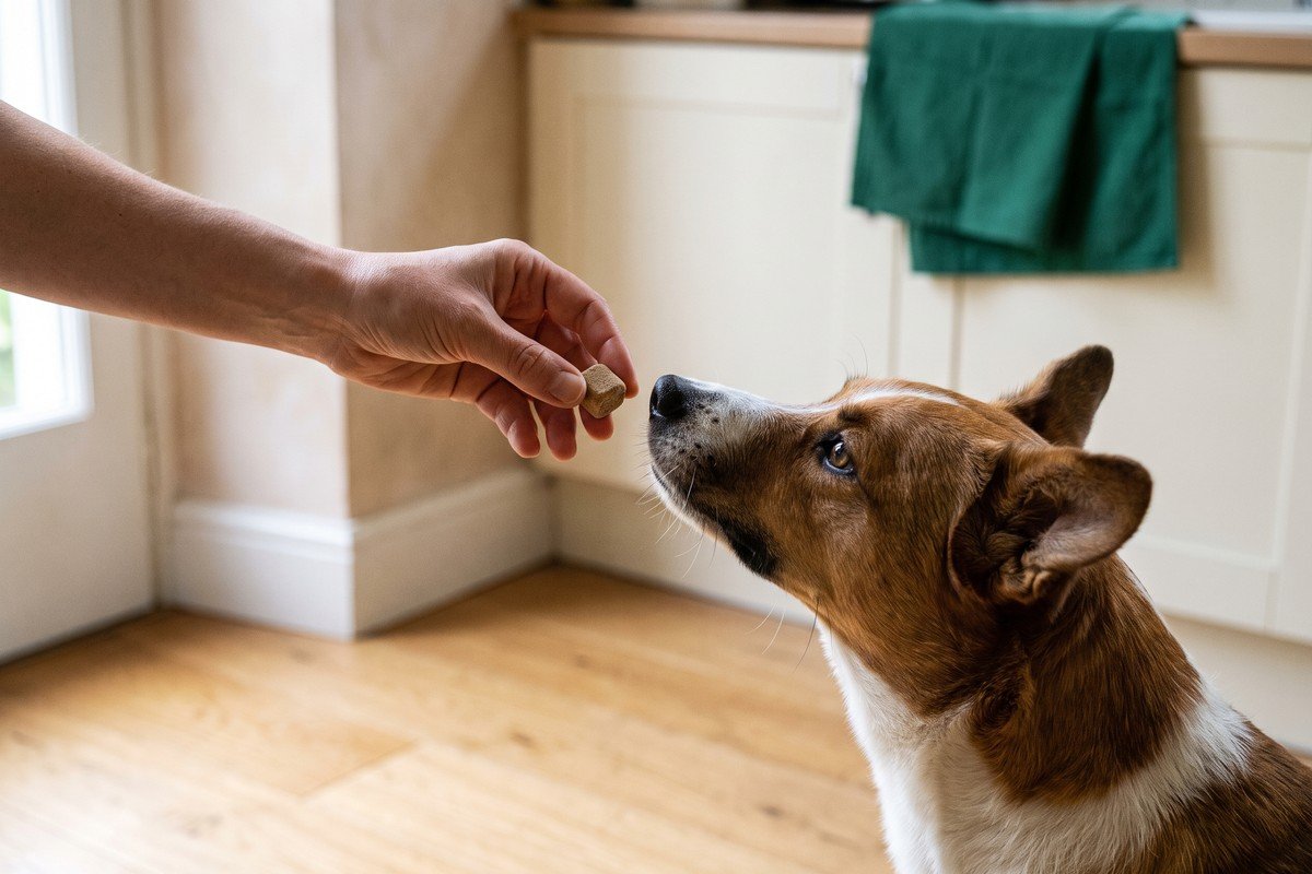 Cane che prende un bocconcino morbido dalla mano del proprietario, in cucina