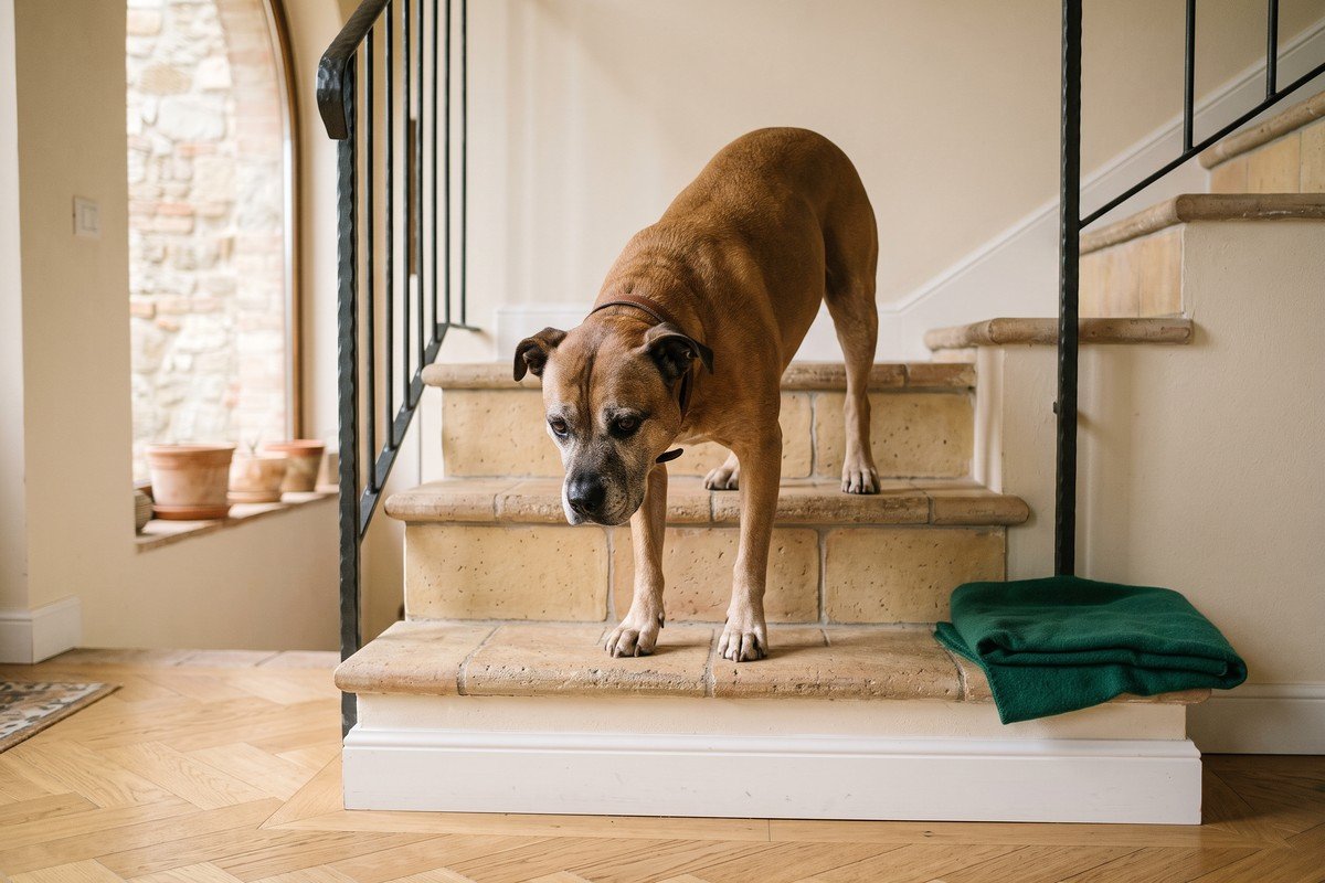 Cane adulto che scende con prudenza i gradini di casa